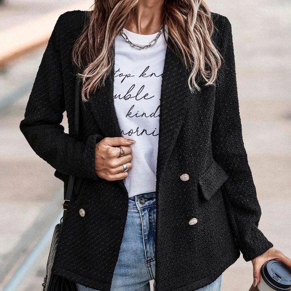 black tweed double breasted blazer chic classy business chic - Picture 4 of 5